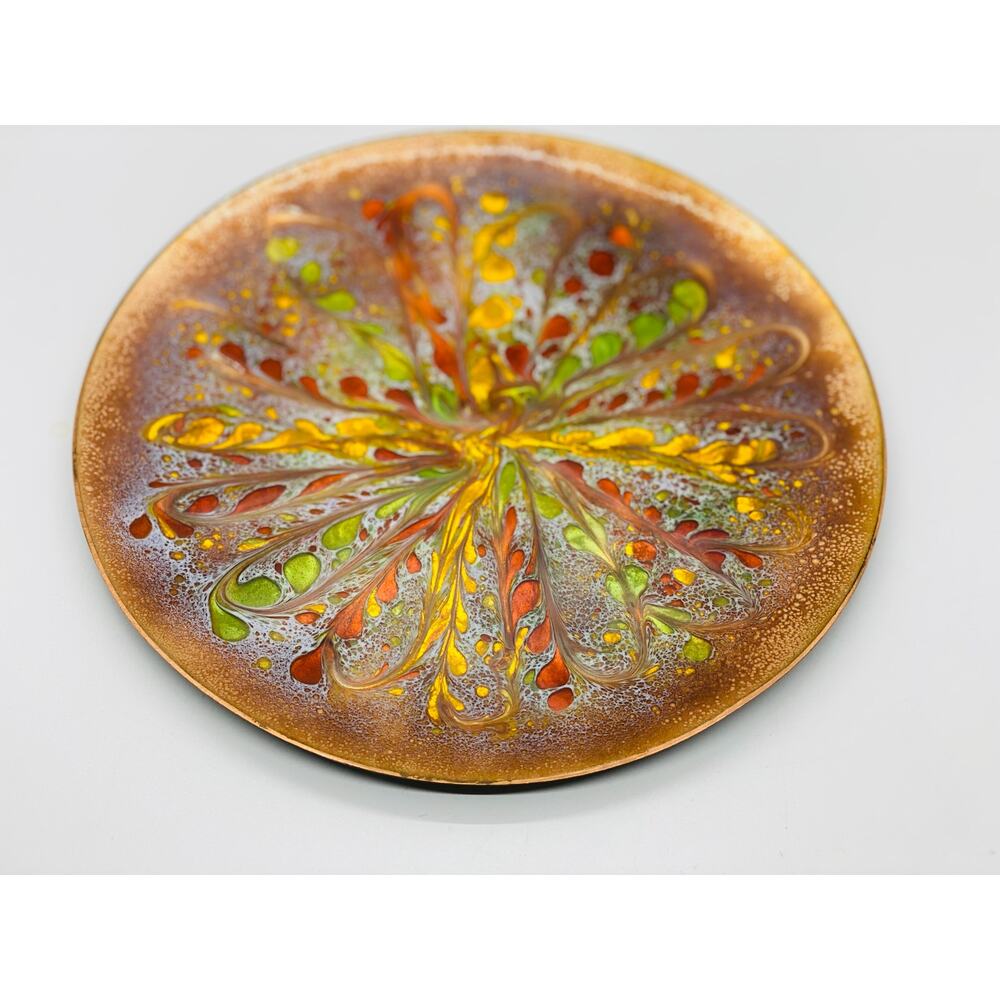 Copper Enamel Decorative Plate Mid-Century Modern Brown Multicolor